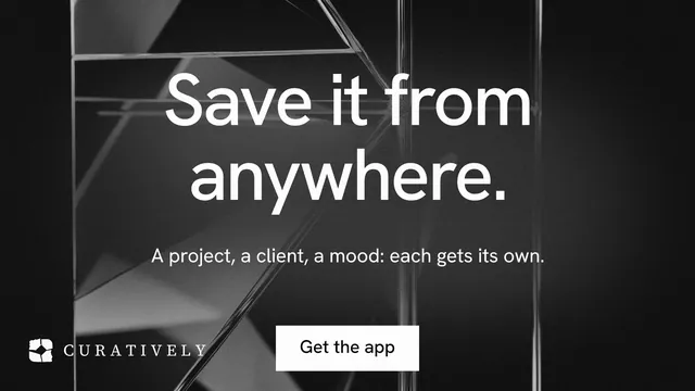 Landscape graphic for Curatively: "Save it from anywhere." Swiss style, centred layout, dark palette in black, grey.