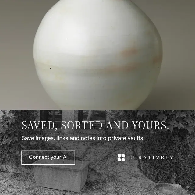 Instagram post for Curatively: "Saved, sorted and yours." Editorial style, bottom layout, light palette in grey, black, white.