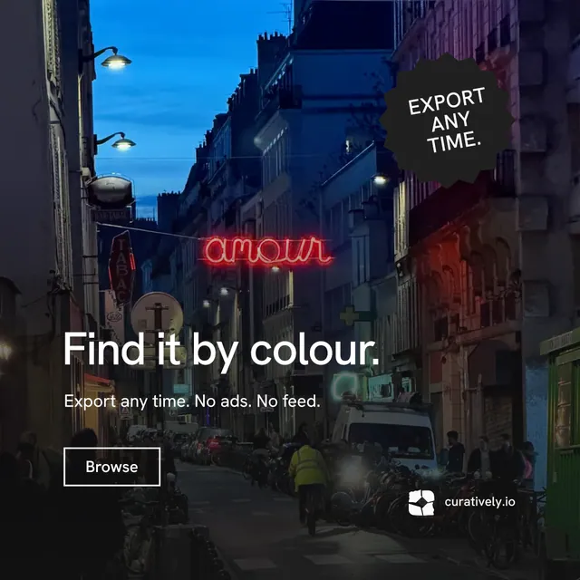 Instagram post for Curatively: "Find it by colour." Editorial style, sticker layout, dark palette in black, blue.