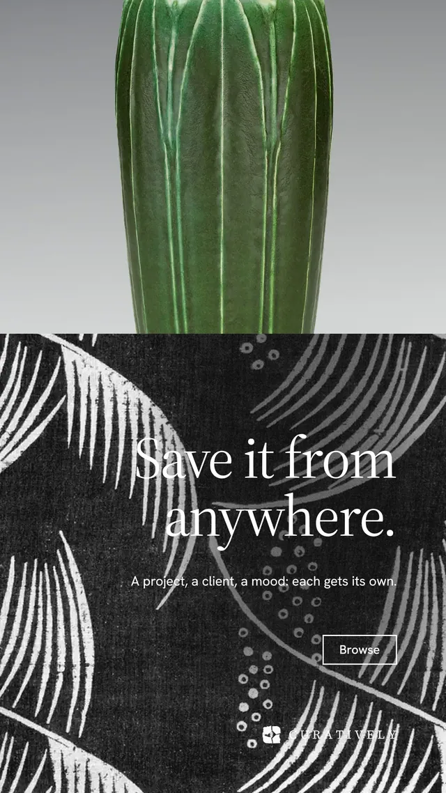Instagram story for Curatively: "Save it from anywhere." Editorial style, right layout, dark palette in black, grey.