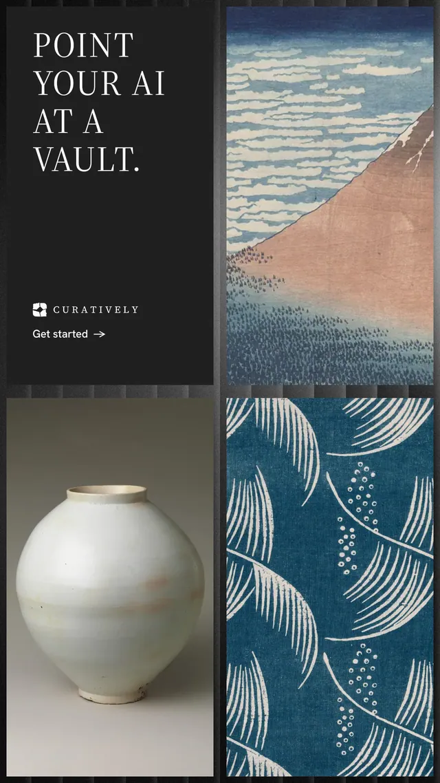 Instagram story for Curatively: "Point your AI at a vault." Minimal luxury style, collage layout, dark palette in blue, black, grey.