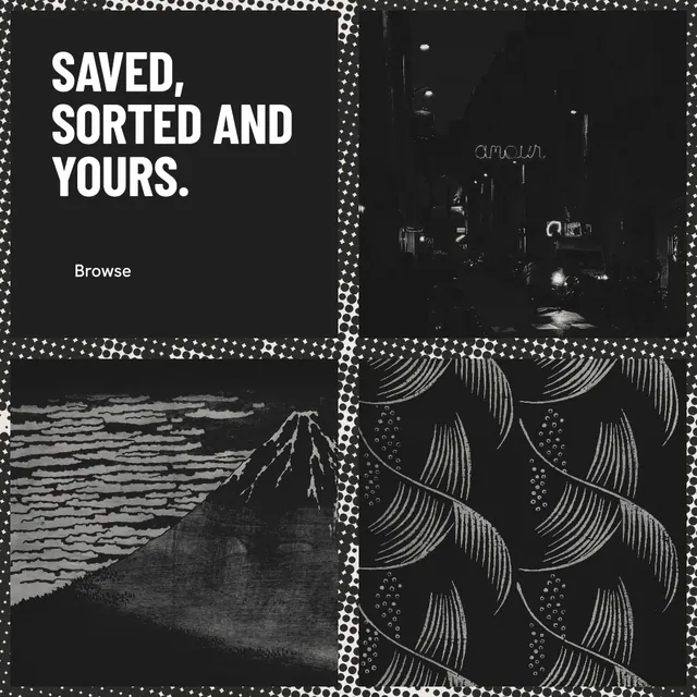 Instagram post for Curatively: "Saved, sorted and yours." Retro print style, collage layout, dark palette in black, grey.