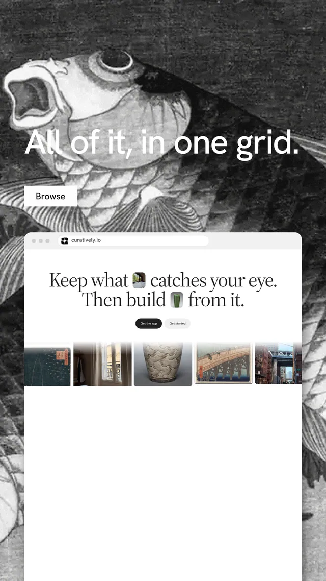 Instagram story for Curatively: "All of it, in one grid." Swiss style, browser layout, light palette in white, black, grey.