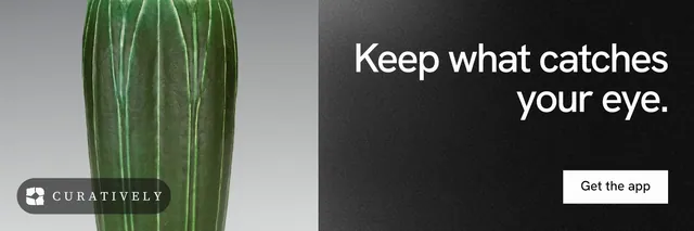 X header for Curatively: "Keep what catches your eye." Swiss style, right layout, dark palette in black, grey.