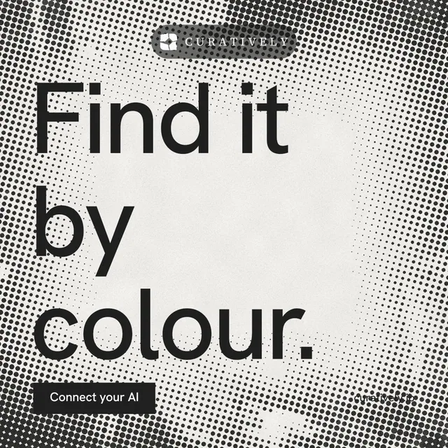 Instagram post for Curatively: "Find it by colour." Swiss style, poster layout, light palette in grey, white.