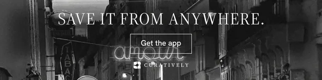 LinkedIn banner for Curatively: "Save it from anywhere." Editorial style, skeleton layout, dark palette in black, grey.