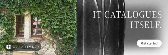 X header for Curatively: "It catalogues itself." Photo poster style, right layout, dark palette in grey, black, white.