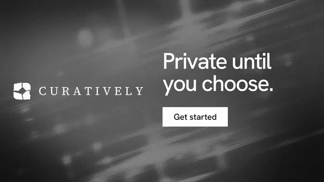 Landscape graphic for Curatively: "Private until you choose." Swiss style, logo hero layout, dark palette in grey, black.