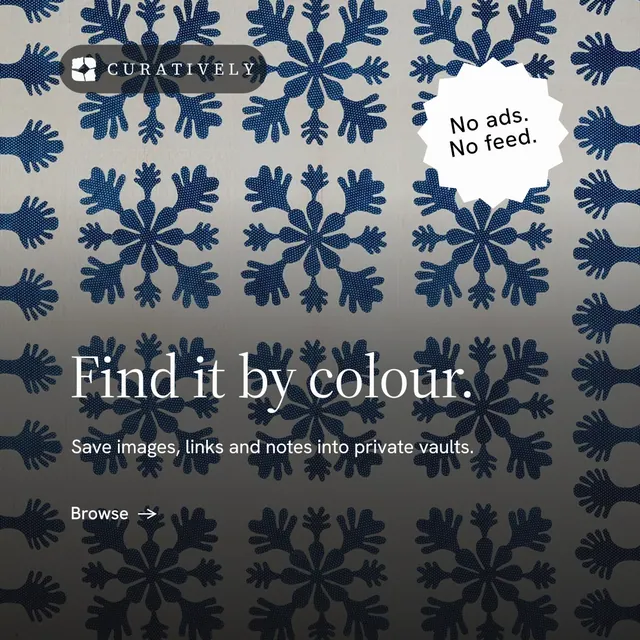 Instagram post for Curatively: "Find it by colour." Minimal luxury style, sticker layout, dark palette in grey, black, blue.