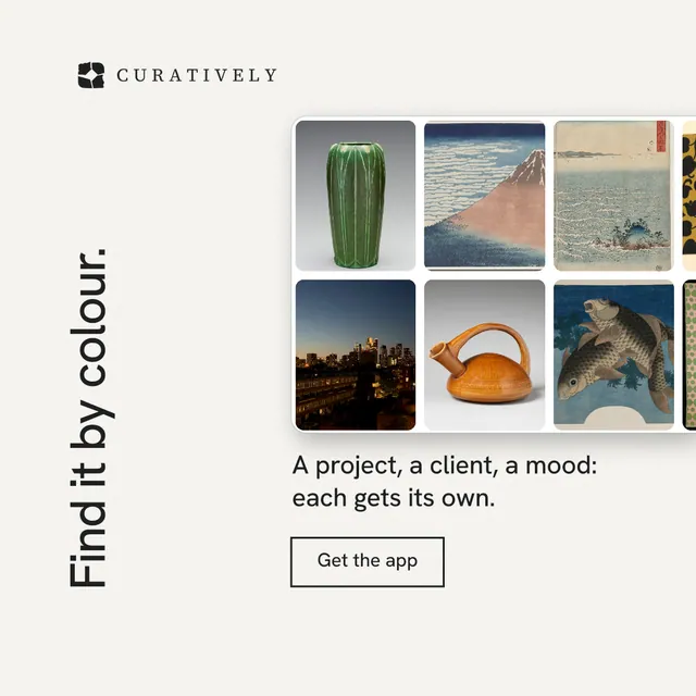 Instagram post for Curatively: "Find it by colour." Editorial style, vertical layout, light palette in white, grey.