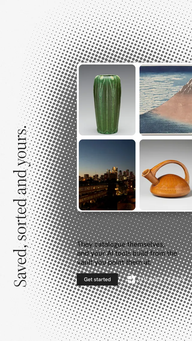 Instagram story for Curatively: "Saved, sorted and yours." Split block style, vertical layout, light palette in grey, white.