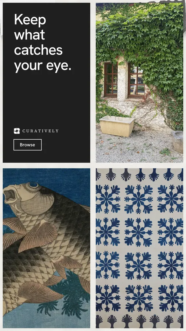 Instagram story for Curatively: "Keep what catches your eye." Editorial style, collage layout, dark palette in black, grey, white.