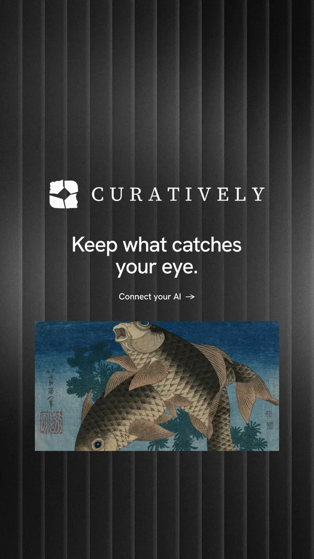 Instagram story for Curatively: "Keep what catches your eye." Minimal luxury style, logo hero layout, dark palette in black, grey.