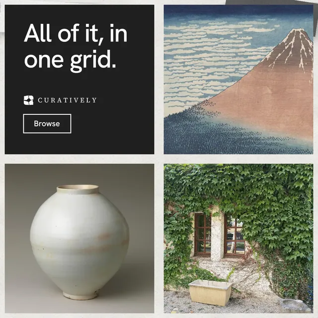 Instagram post for Curatively: "All of it, in one grid." Editorial style, collage layout, light palette in grey, black, white.