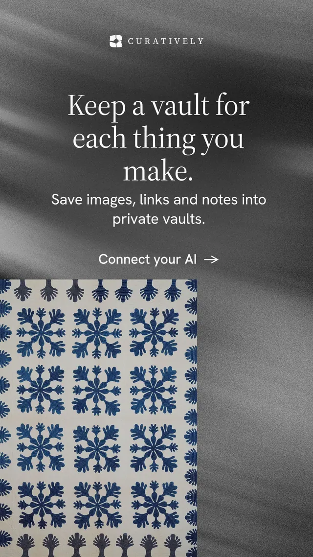 Instagram story for Curatively: "Keep a vault for each thing you make." Minimal luxury style, skeleton layout, dark palette in grey, black.