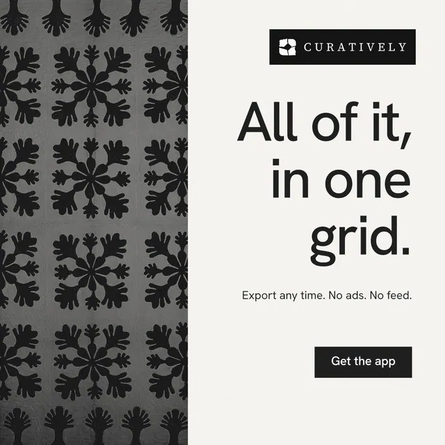 Instagram post for Curatively: "All of it, in one grid." Swiss style, right layout, light palette in white, black, grey.