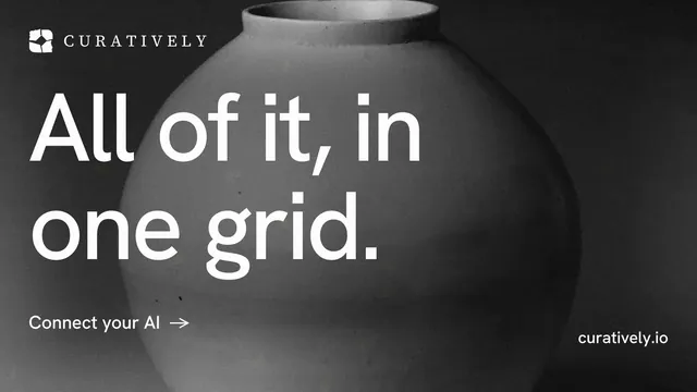 Landscape graphic for Curatively: "All of it, in one grid." Minimal luxury style, poster layout, dark palette in grey, black.