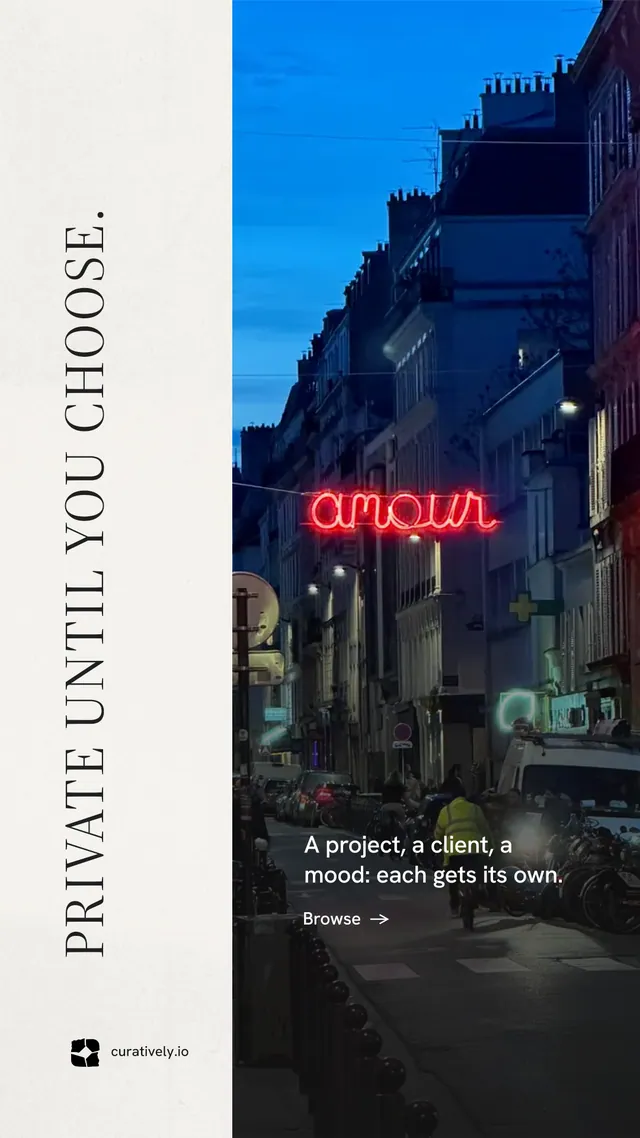 Instagram story for Curatively: "Private until you choose." Minimal luxury style, vertical layout, light palette in blue, black, white.
