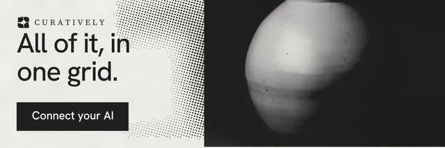 X header for Curatively: "All of it, in one grid." Swiss style, skeleton layout, light palette in white, black, grey.