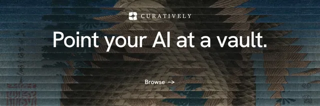 X header for Curatively: "Point your AI at a vault." Minimal luxury style, centred layout, dark palette in black, grey.
