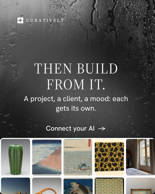 Instagram portrait post for Curatively: "Then build from it." Minimal luxury style, skeleton layout, dark palette in black, grey.