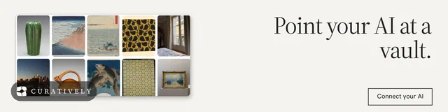 LinkedIn banner for Curatively: "Point your AI at a vault." Editorial style, right layout, light palette in white, grey.