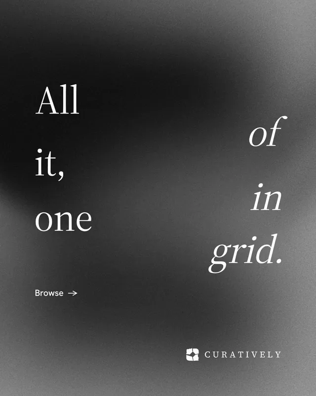 Instagram portrait post for Curatively: "All of it, in one grid." Minimal luxury style, stacked layout, dark palette in black, grey.