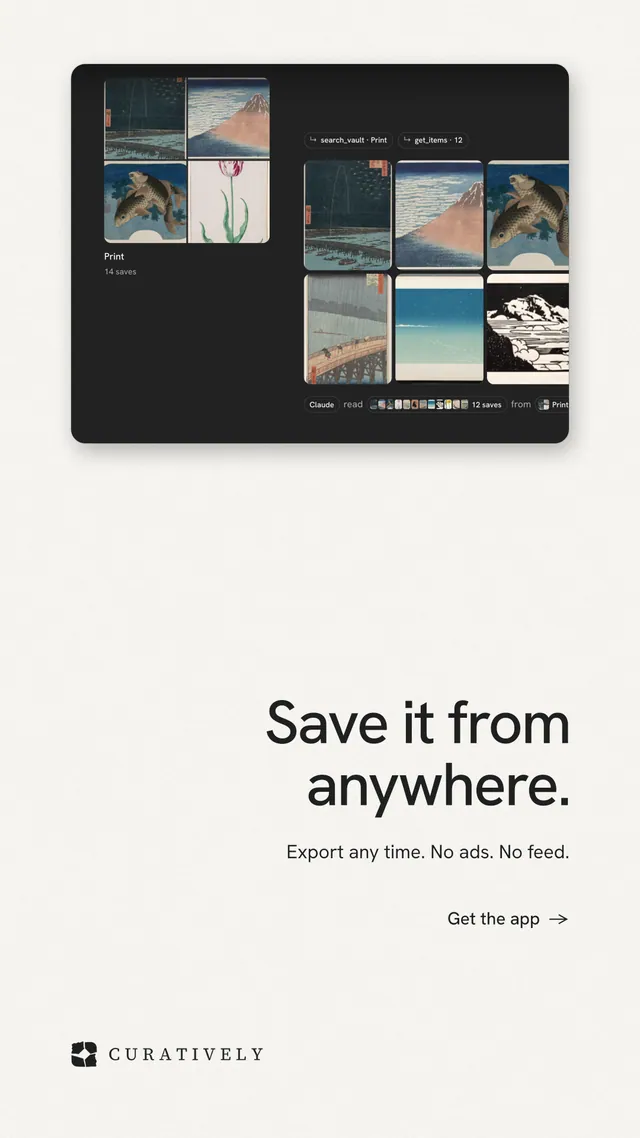 Instagram story for Curatively: "Save it from anywhere." Minimal luxury style, right layout, light palette in white, black.