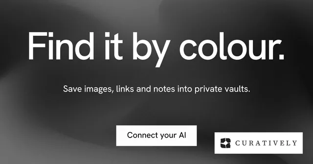 Social ad for Curatively: "Find it by colour." Swiss style, centred layout, dark palette in black, grey, white.