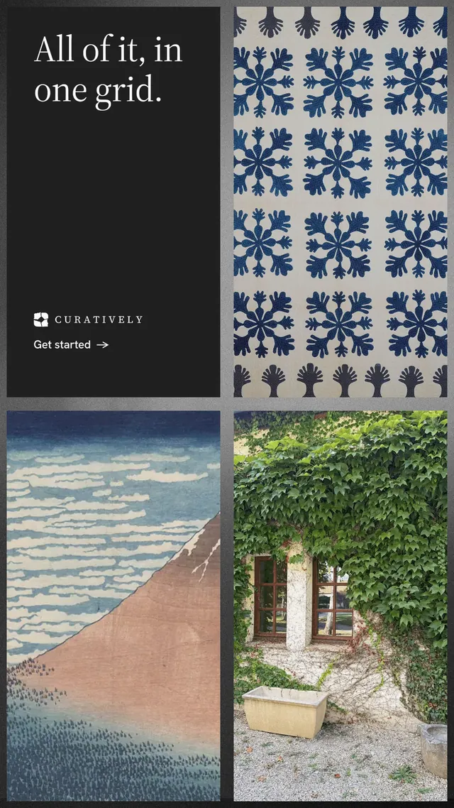 Instagram story for Curatively: "All of it, in one grid." Minimal luxury style, collage layout, light palette in grey, black.