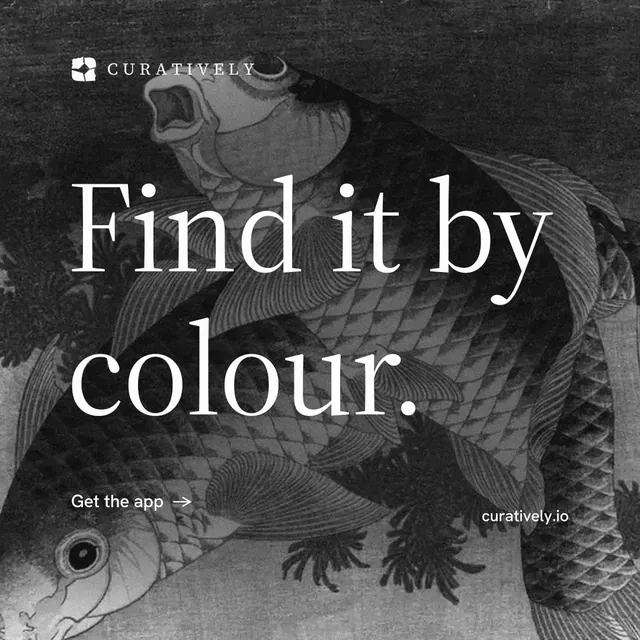 Instagram post for Curatively: "Find it by colour." Minimal luxury style, poster layout, dark palette in black, grey.