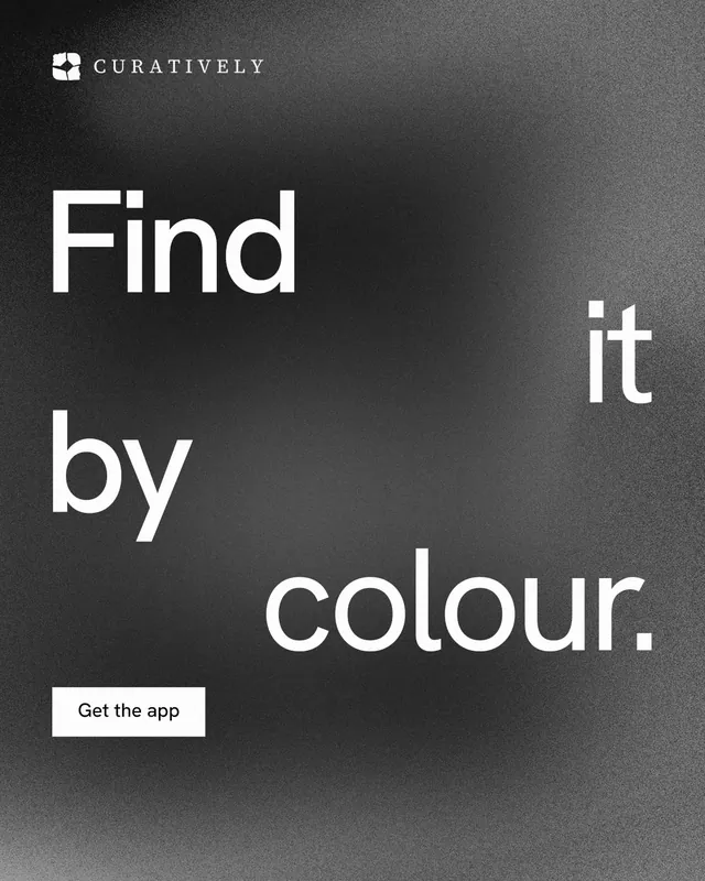 Instagram portrait post for Curatively: "Find it by colour." Swiss style, stacked layout, dark palette in black, grey.