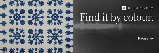 X header for Curatively: "Find it by colour." Minimal luxury style, right layout, dark palette in grey, black.