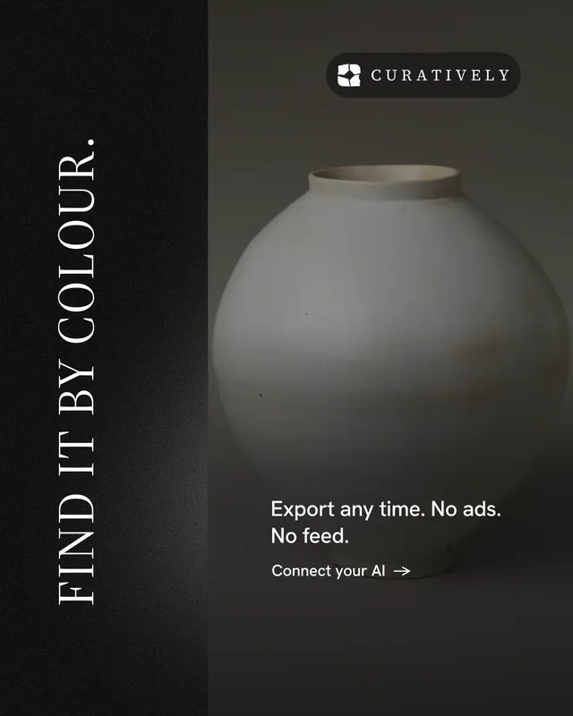 Instagram portrait post for Curatively: "Find it by colour." Minimal luxury style, vertical layout, dark palette in black, grey.