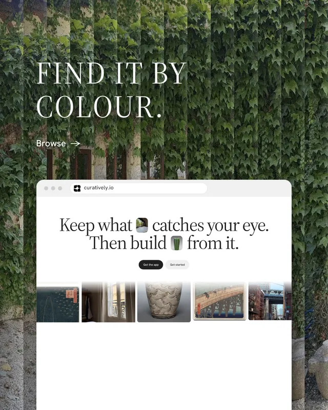 Instagram portrait post for Curatively: "Find it by colour." Minimal luxury style, browser layout, light palette in white, green, grey.