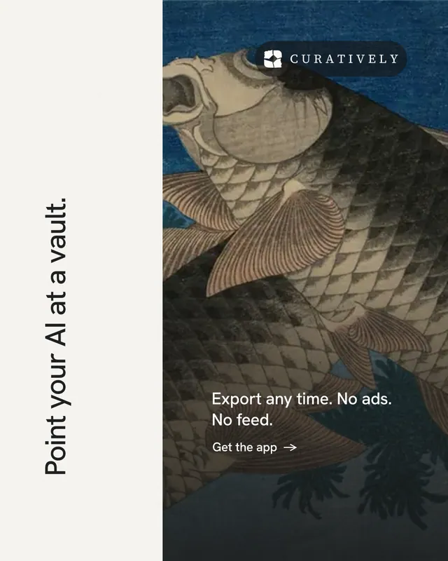 Instagram portrait post for Curatively: "Point your AI at a vault." Minimal luxury style, vertical layout, light palette in white, black, grey.