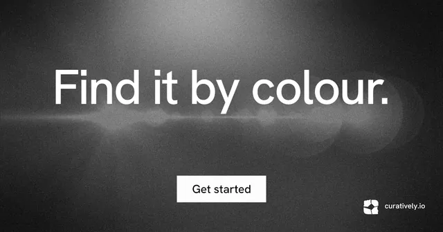 Social ad for Curatively: "Find it by colour." Swiss style, centred layout, dark palette in black, grey.