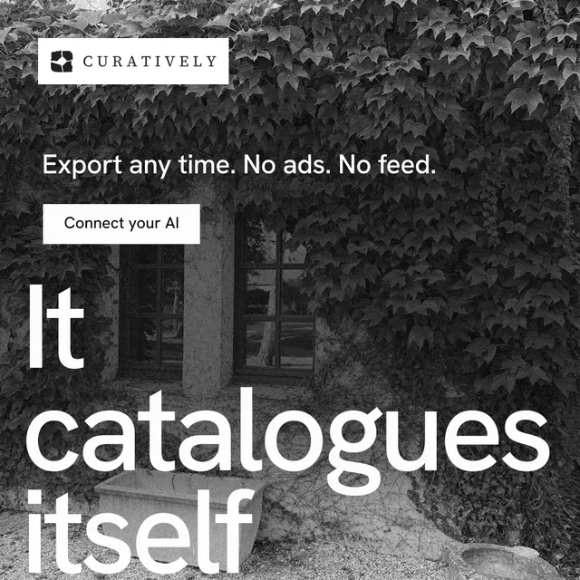 Instagram post for Curatively: "All of it, in one grid." Swiss style, oversized layout, dark palette in grey, black.