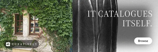 X header for Curatively: "It catalogues itself." Photo poster style, right layout, dark palette in grey, black, white.