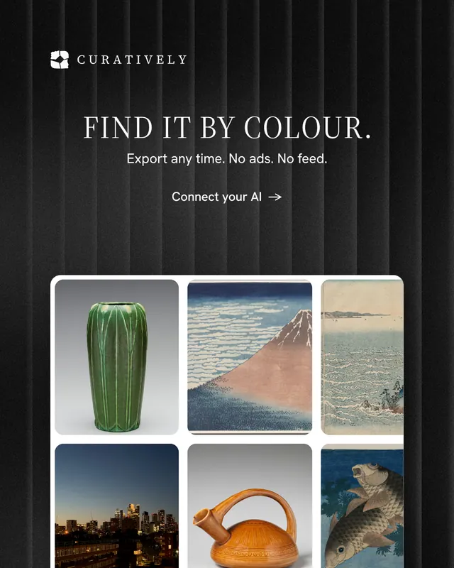 Instagram portrait post for Curatively: "Find it by colour." Minimal luxury style, centred layout, dark palette in black, grey.