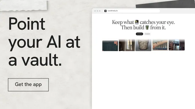 Landscape graphic for Curatively: "Point your AI at a vault." Editorial style, browser layout, light palette in white, grey.