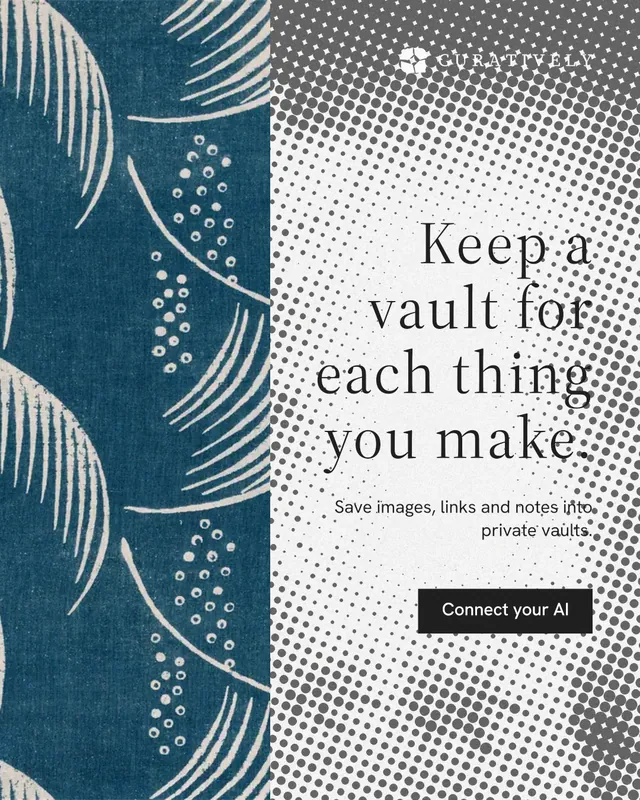 Instagram portrait post for Curatively: "Keep a vault for each thing you make." Split block style, right layout, light palette in blue, grey, white.