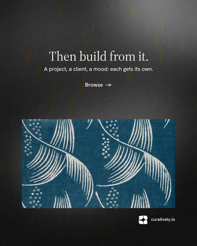 Instagram portrait post for Curatively: "Then build from it." Minimal luxury style, centred layout, dark palette in blue, grey, black.