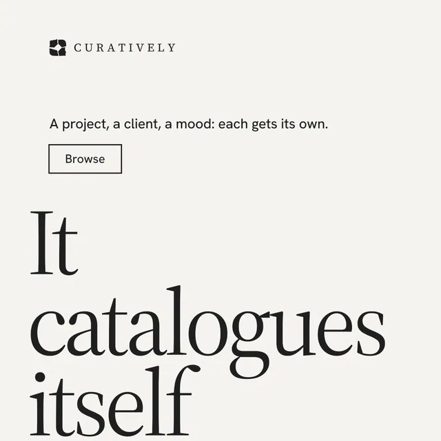 Instagram post for Curatively: "Keep what catches your eye." Editorial style, oversized layout, light palette in white, grey.