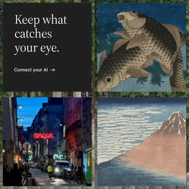 Instagram post for Curatively: "Keep what catches your eye." Minimal luxury style, collage layout, dark palette in black, grey, blue.