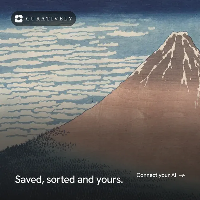 Instagram post for Curatively: "Saved, sorted and yours." Swiss style, image led layout, light palette in grey, black.