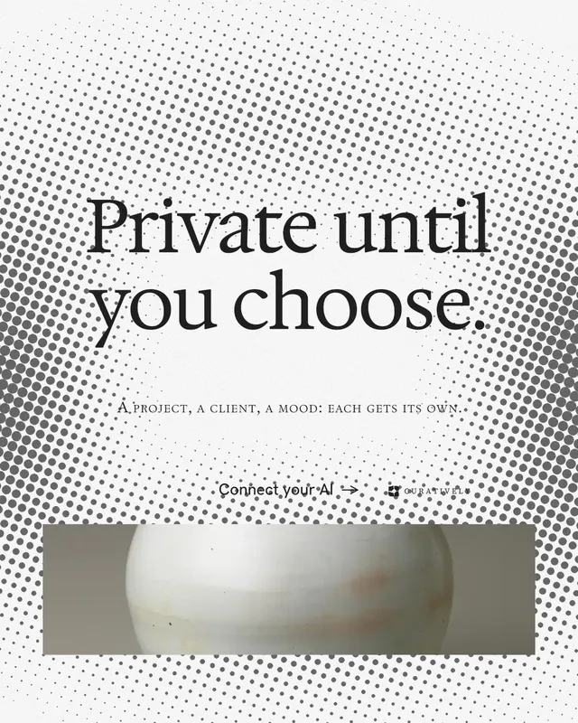 Instagram portrait post for Curatively: "Private until you choose." Swiss style, smallcaps layout, light palette in white, grey.