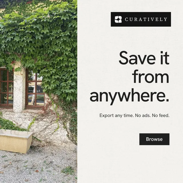 Instagram post for Curatively: "Save it from anywhere." Swiss style, right layout, light palette in white, green, grey.