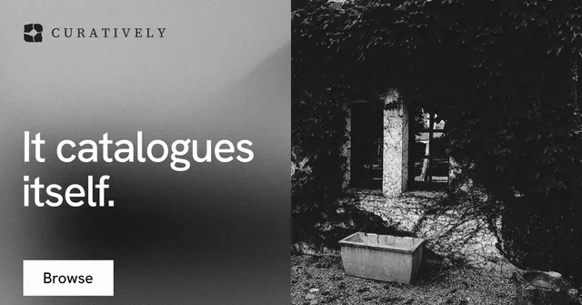Social ad for Curatively: "It catalogues itself." Swiss style, bottom layout, dark palette in black, grey.