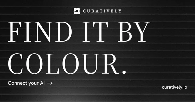 Social ad for Curatively: "Find it by colour." Minimal luxury style, poster layout, dark palette in black, grey.